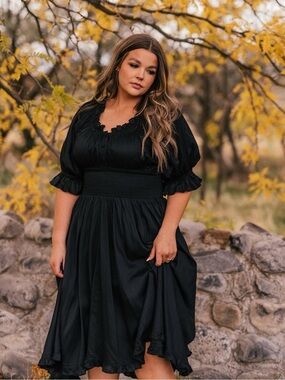 JessaKae Black Smocked-Waist Midi Dress with Puff Sleeves